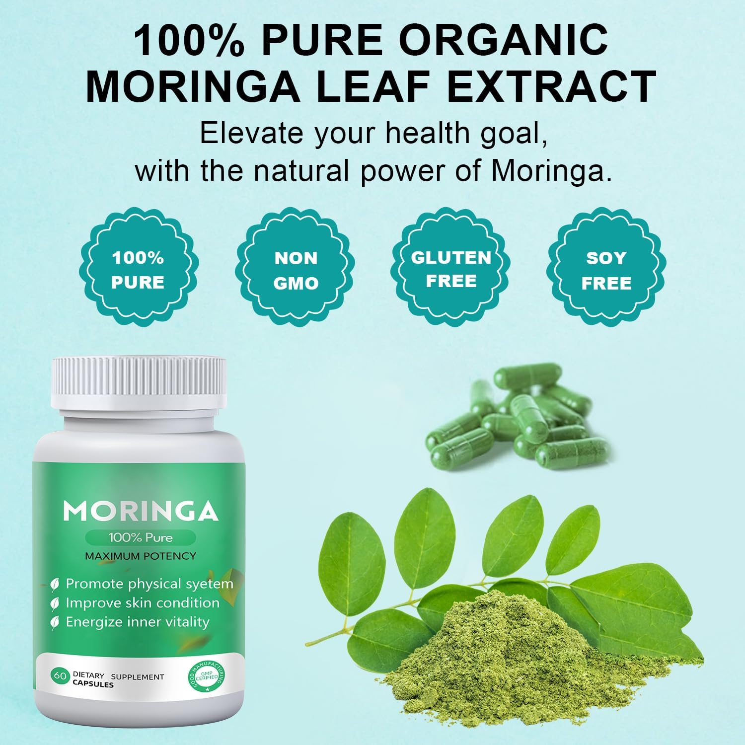 Organic Moringa Powder Capsules 800mg - Nutrient-Rich Supplement for Energy and Skin Health - 1PC