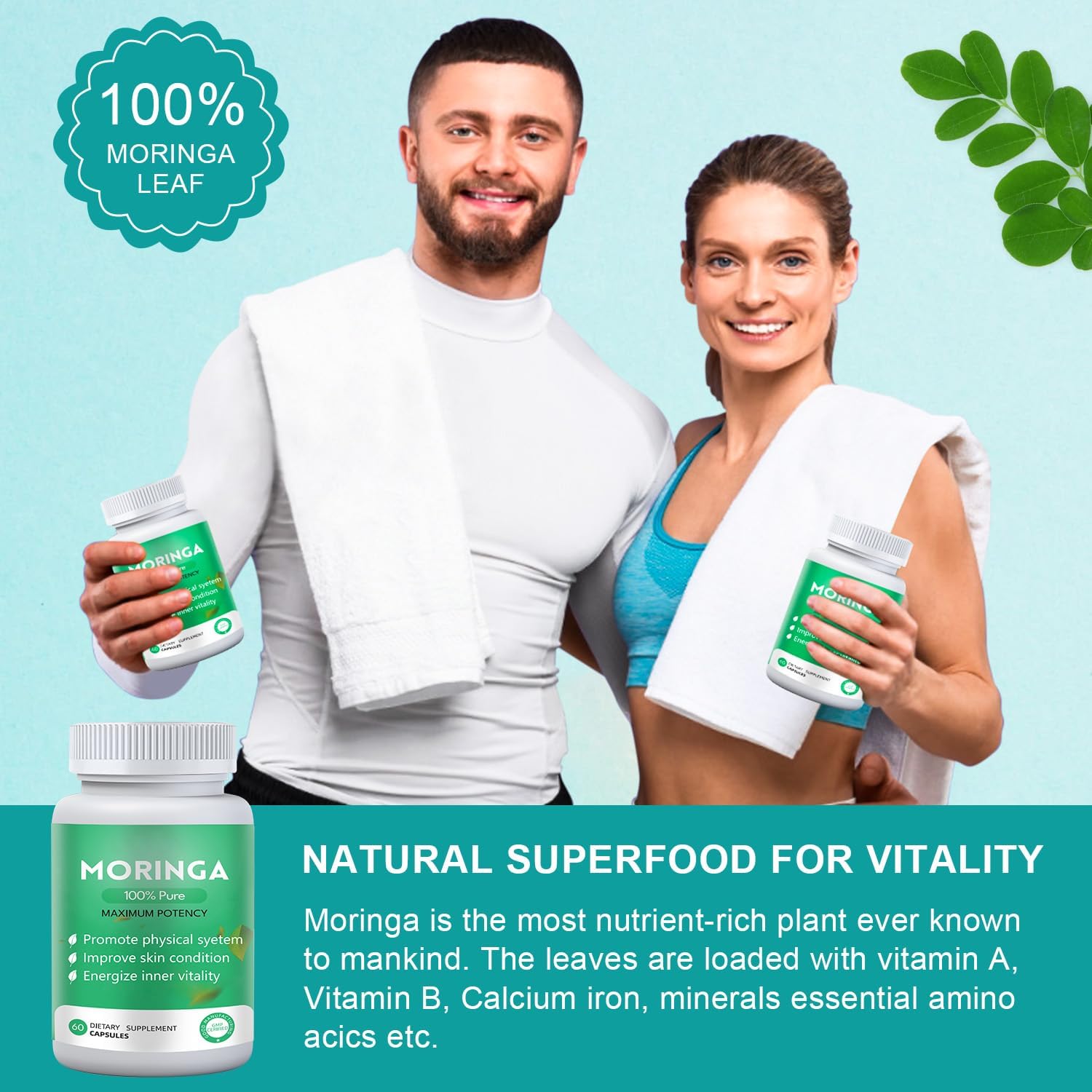 Organic Moringa Powder Capsules 800mg - Nutrient-Rich Supplement for Energy and Skin Health - 1PC