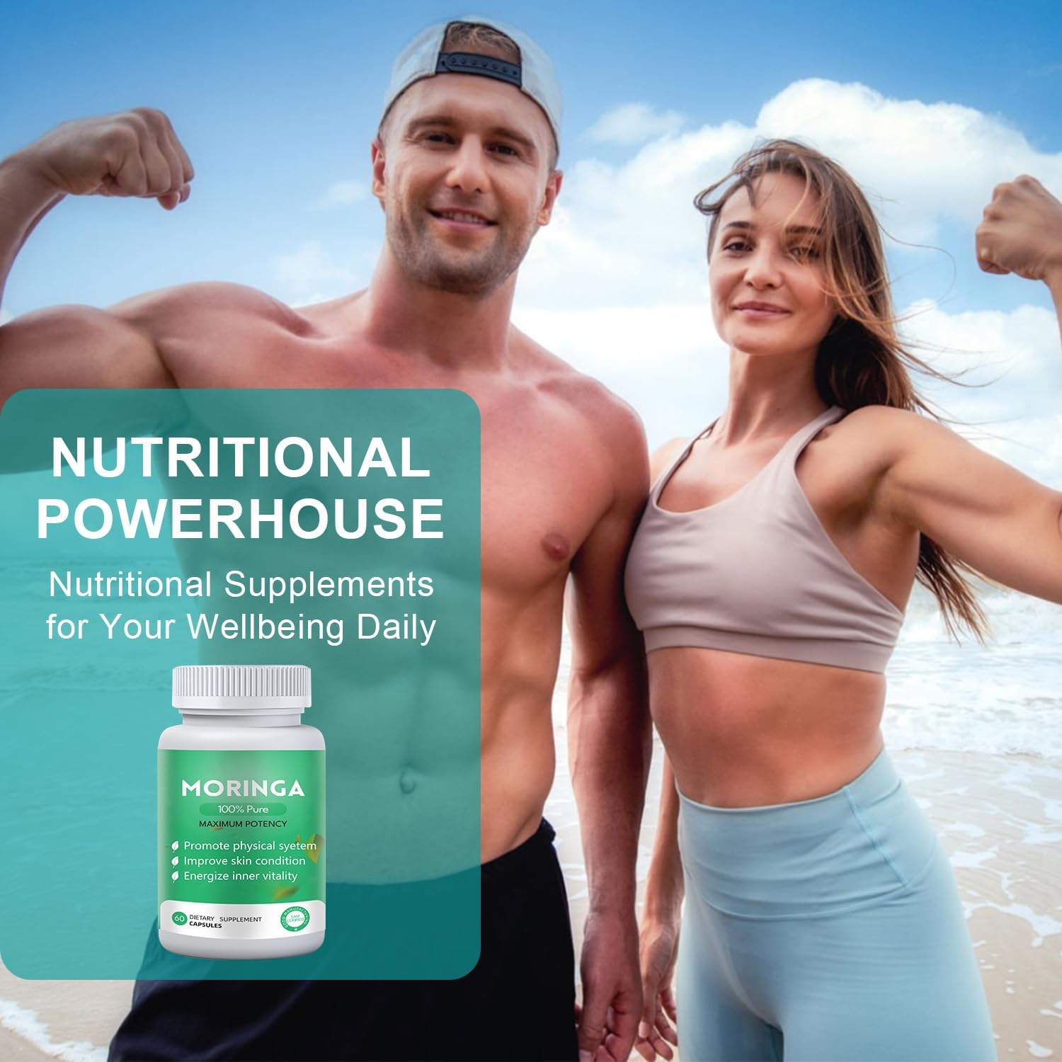 Organic Moringa Powder Capsules 800mg - Nutrient-Rich Supplement for Energy and Skin Health - 1PC