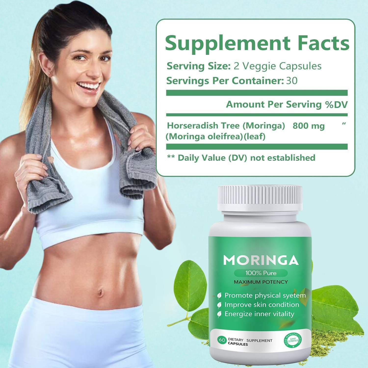 Organic Moringa Powder Capsules 800mg - Nutrient-Rich Supplement for Energy and Skin Health - 1PC