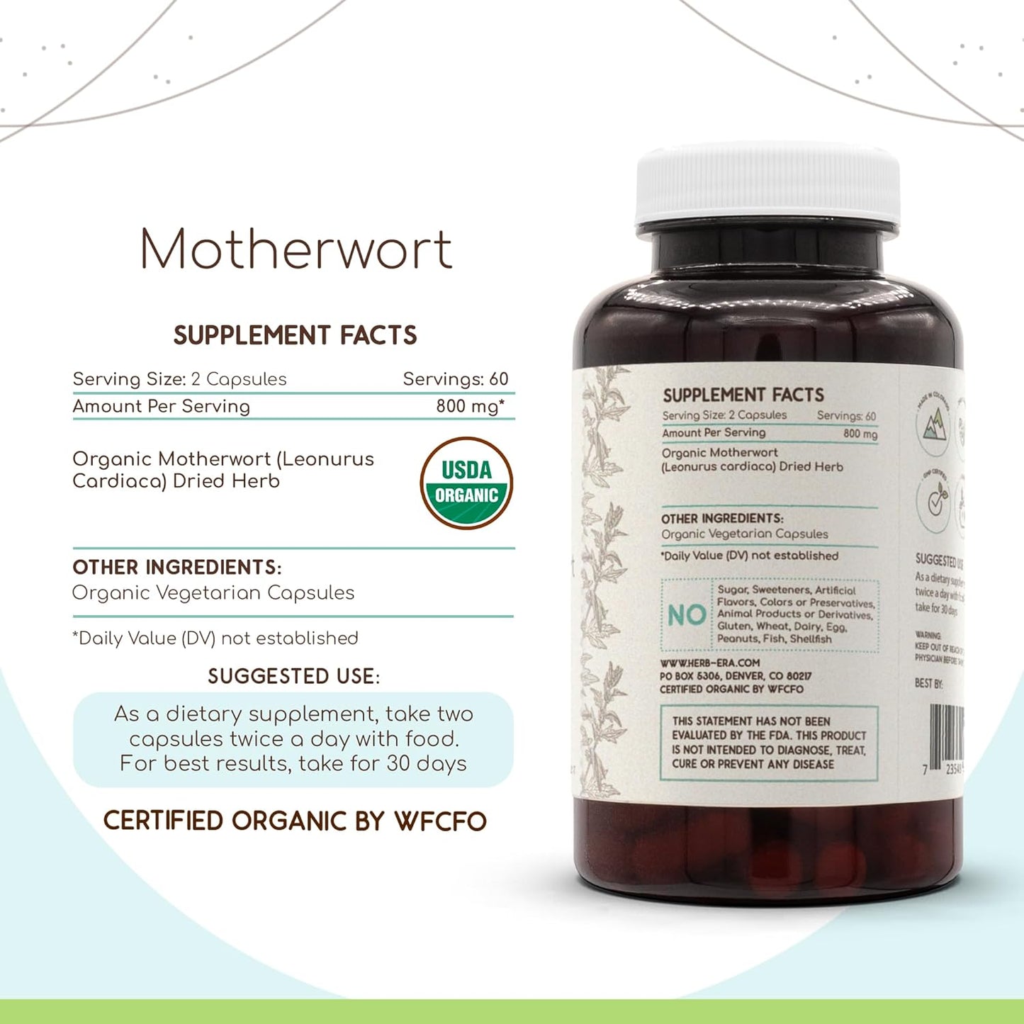 Organic Motherwort Herbal Supplement - 120 Capsules | Certified USDA Organic Vegetarian Capsules | Leonurus Cardiaca Dried Herb