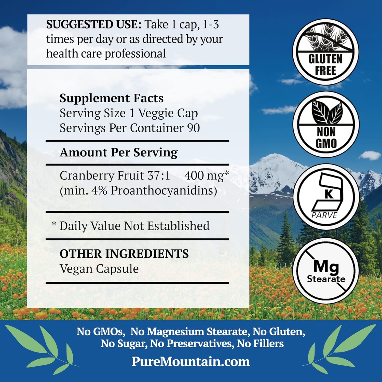 Organic Mountain Cranberry Capsules with 400mg Concentrate Extract - Kosher Vegan Supplement