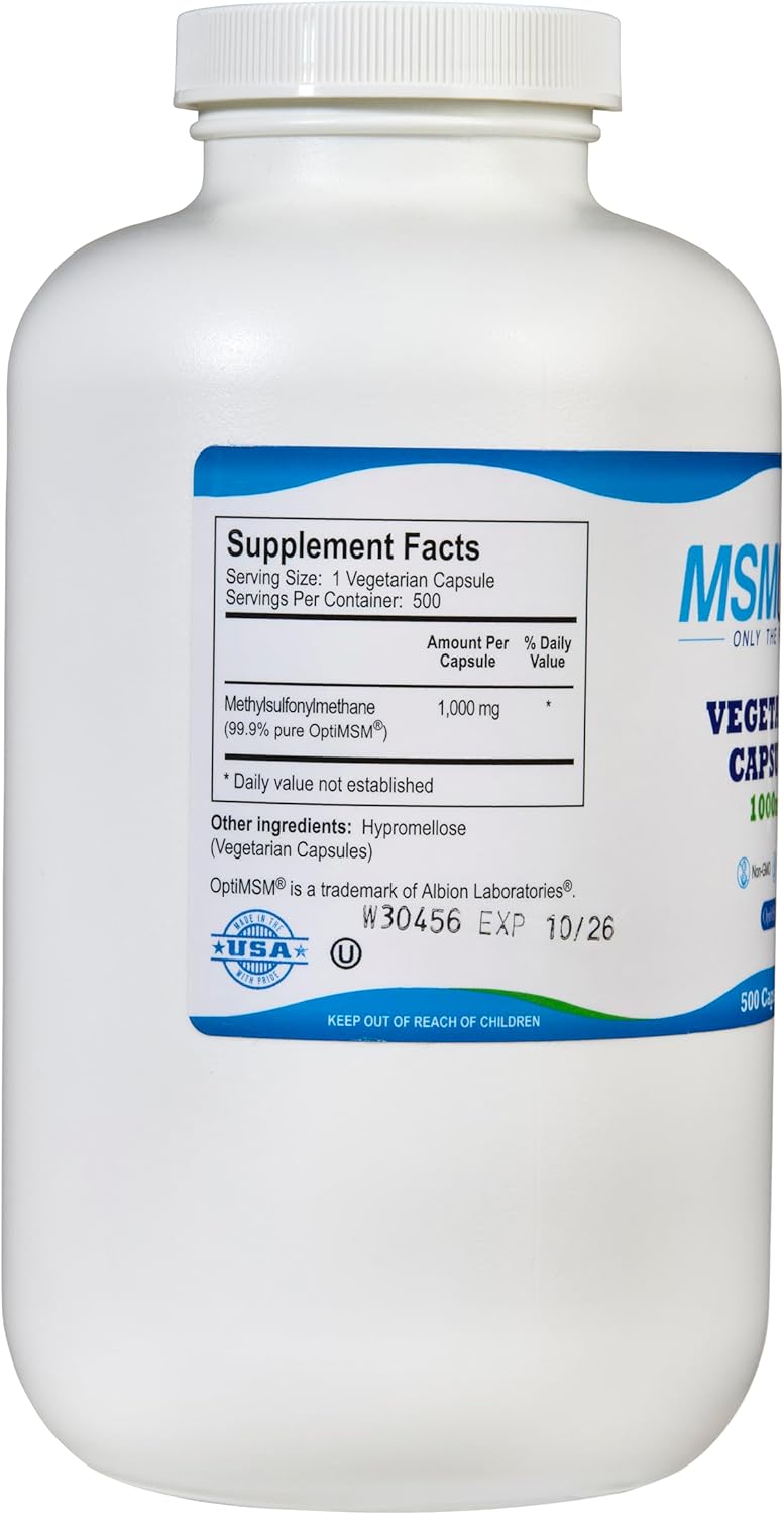 Organic MSM Capsules 1000mg - Joint, Skin, Hair & Nail Support - 500 Count USA Made Pure Sulfur Supplement