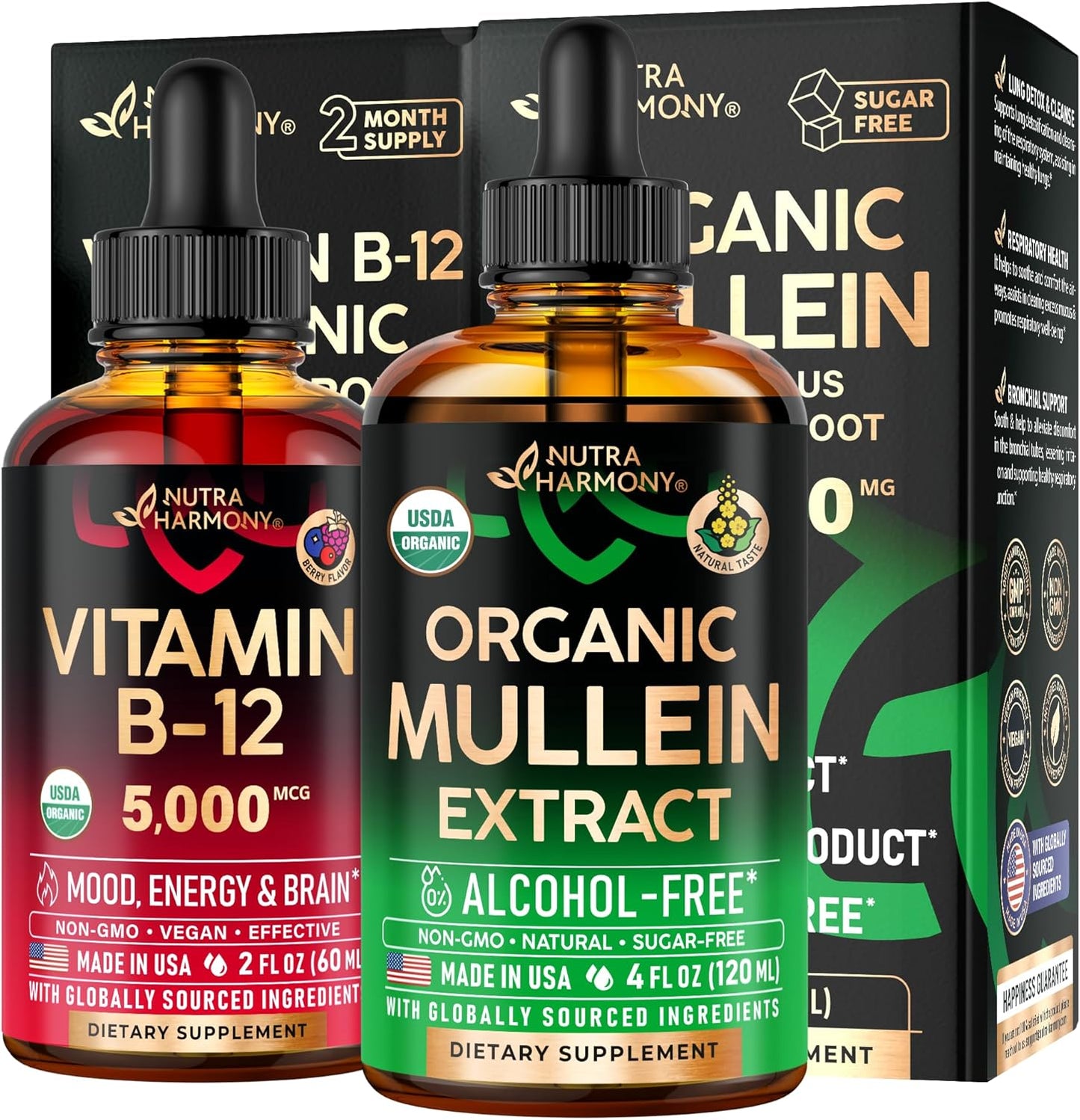 Organic Mullein and Vitamin B12 Drops by NUTRAHARMONY - Natural Immune Support Supplement