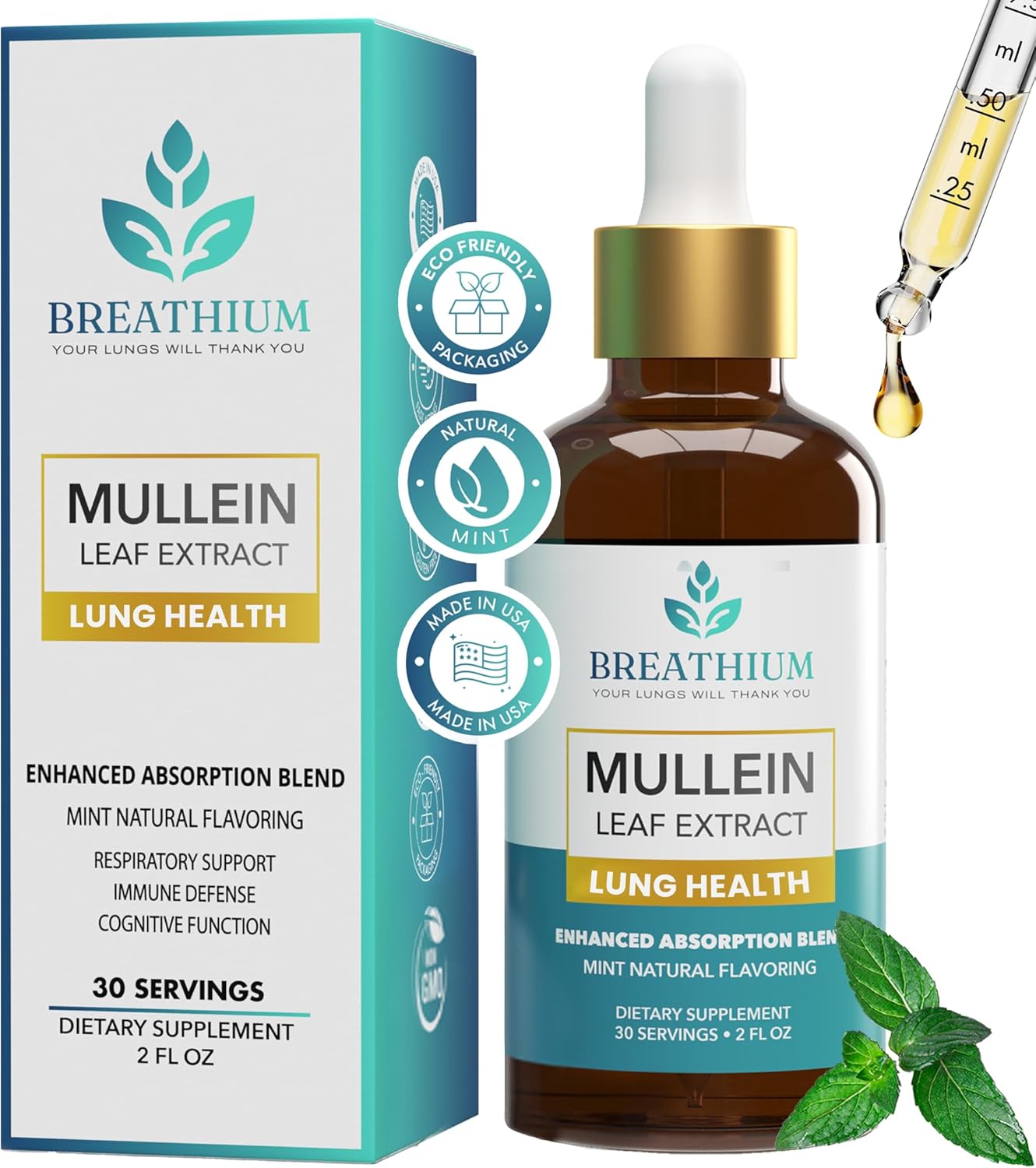 Organic Mullein Drops for Rapid Mucus & Sore Throat Relief - Liposomal Extract for Healthy Breathing - Sunflower Lecithin & Peppermint Tea - Made in USA