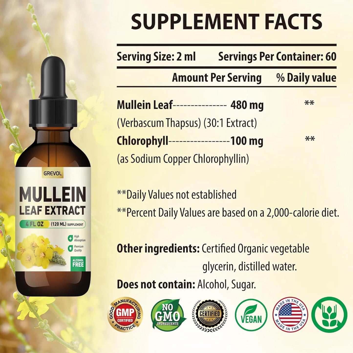 Organic Mullein Drops with Chlorophyll for Lung Health - 4 Fl Oz Vegan Tincture for Respiratory & Immune Support