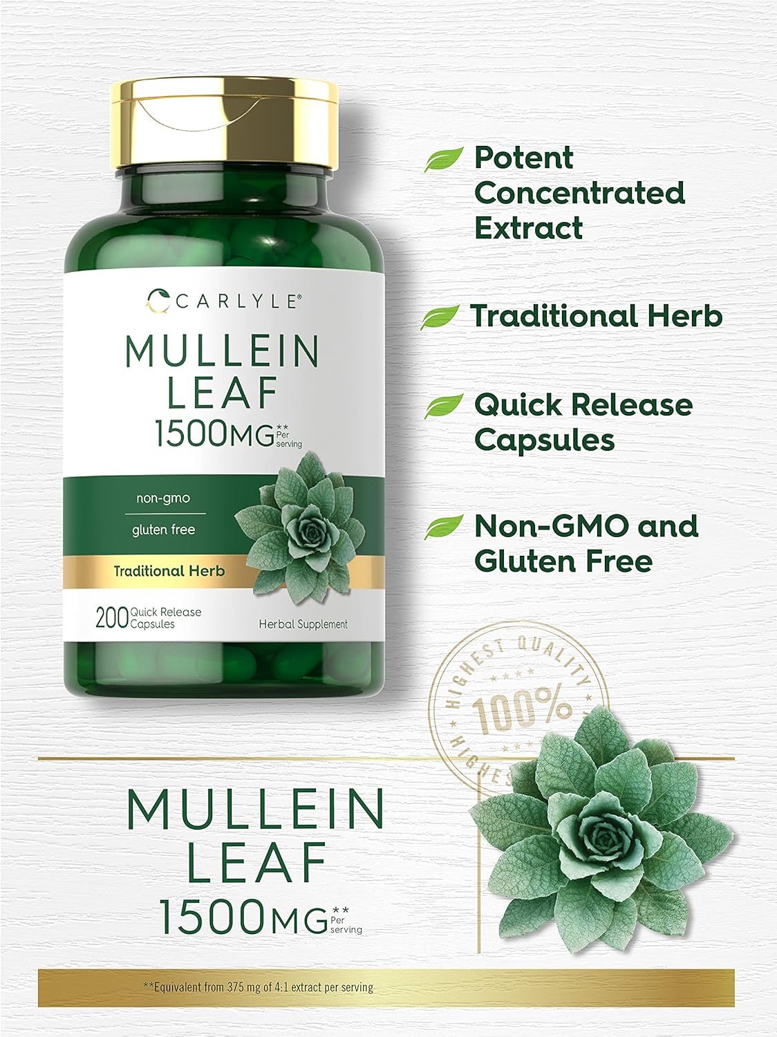 Organic Mullein Leaf Extract Capsules 1500mg - 200 Count - Verbascum Thapsus Supplement - Non-GMO & Gluten Free