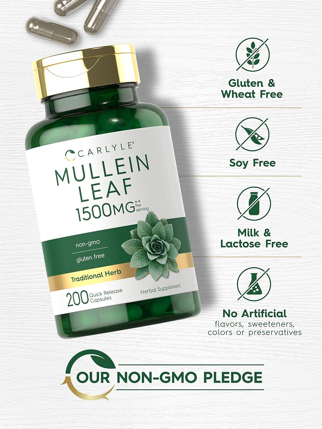 Organic Mullein Leaf Extract Capsules 1500mg - 200 Count - Verbascum Thapsus Supplement - Non-GMO & Gluten Free
