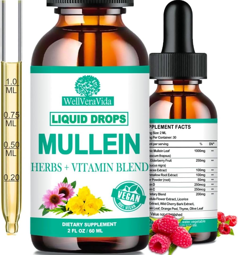 Organic Mullein Leaf Extract Drops with Elderberry and Echinacea - Alcohol Free Lung Support Tincture for Smokers, Sinus Relief, and Respiratory Health