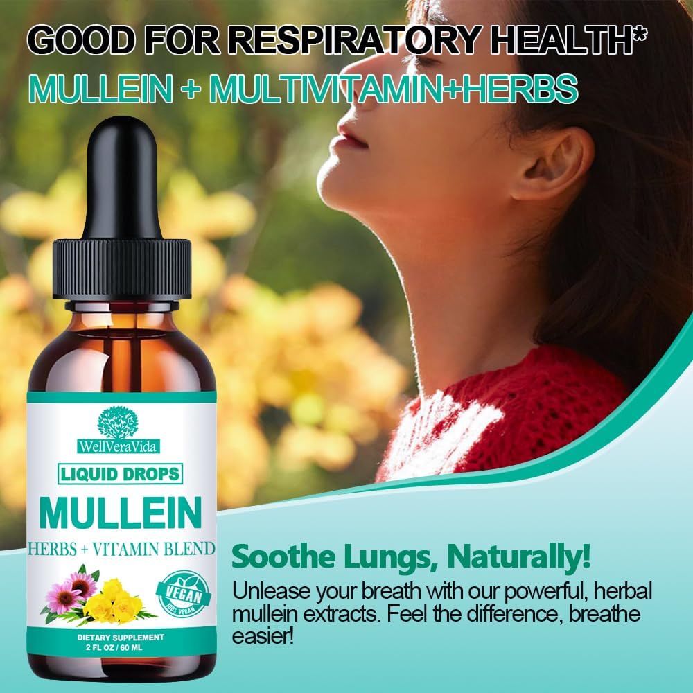 Organic Mullein Leaf Extract Drops with Elderberry and Echinacea - Alcohol Free Lung Support Tincture for Smokers, Sinus Relief, and Respiratory Health