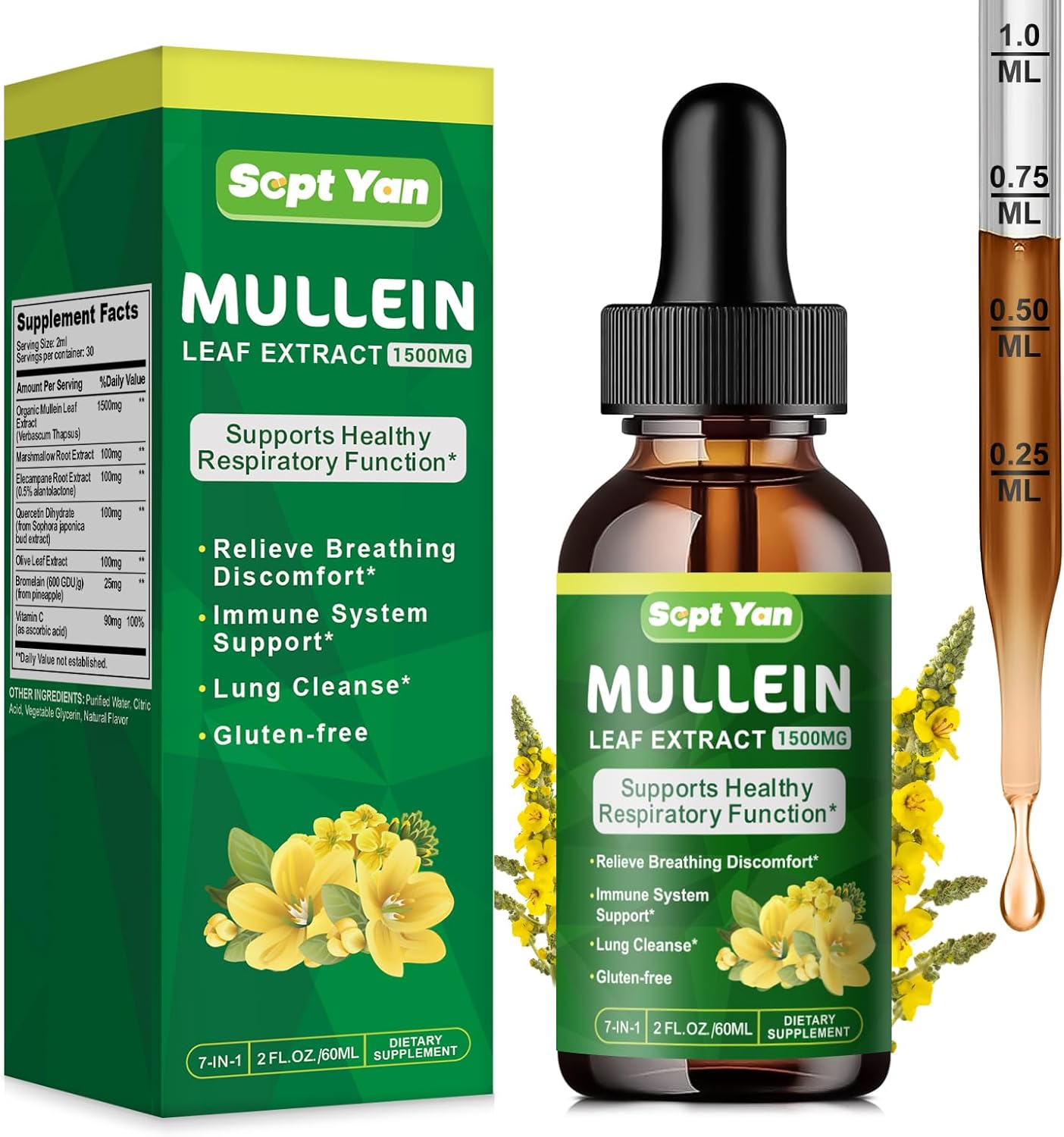 Organic Mullein Leaf Extract Liquid for Lung Health - 1500mg Herbal Supplement for Detox & Respiratory Support - Vegan, 2 Fl Oz