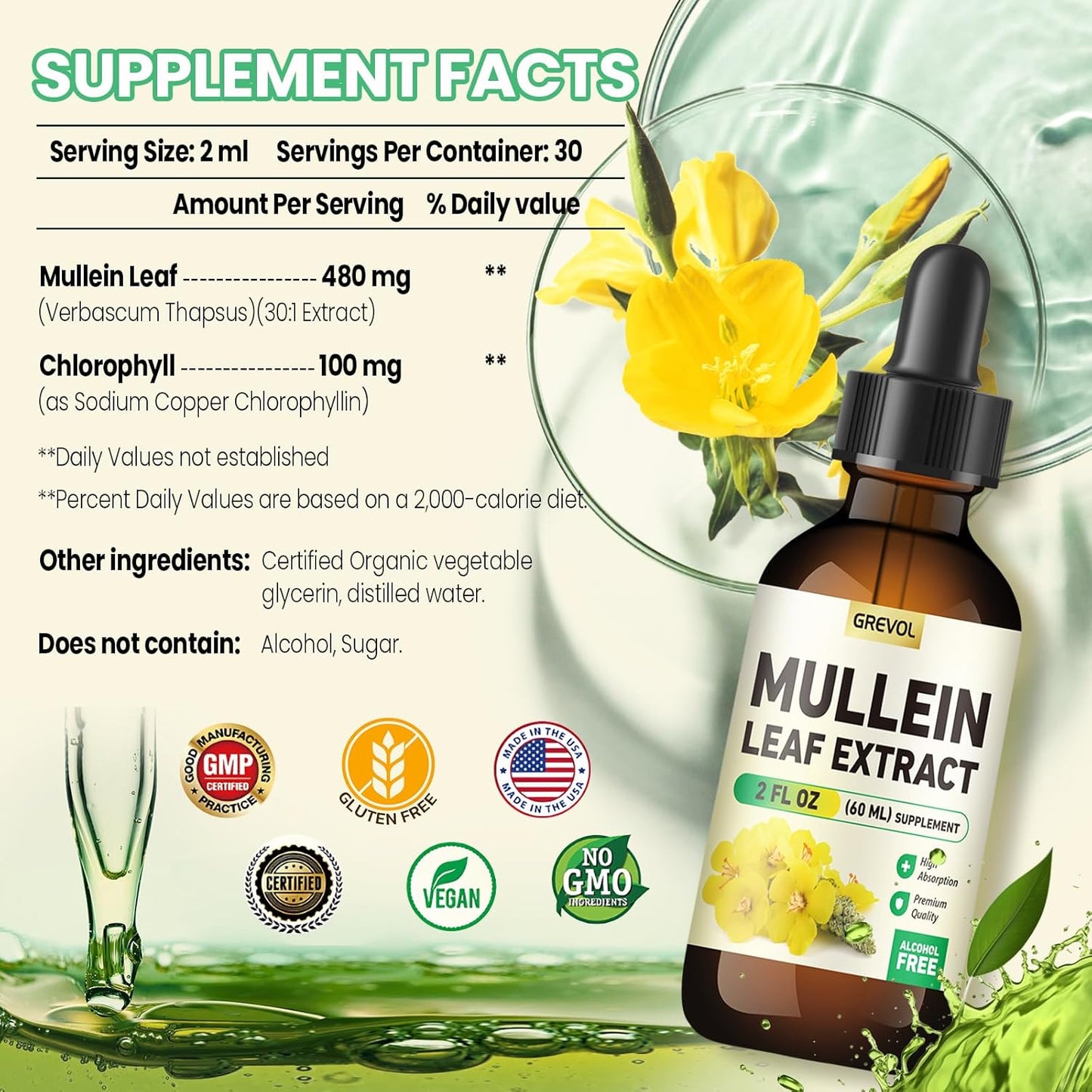 Organic Mullein Leaf Extract Tincture for Lung Health - Herbal Support for Respiratory Function - Non-GMO, Vegan - 2 Fl Oz