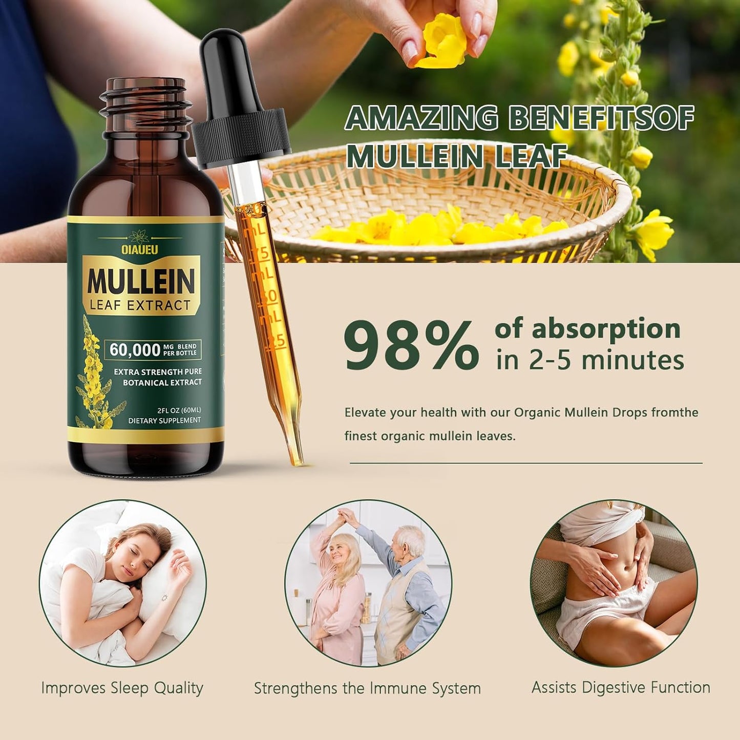 Organic Mullein Leaf Tincture for Lung Cleanse & Respiratory Health - 2 fl oz Vegan Liquid Extract for Lung Detox - Natural Supplement