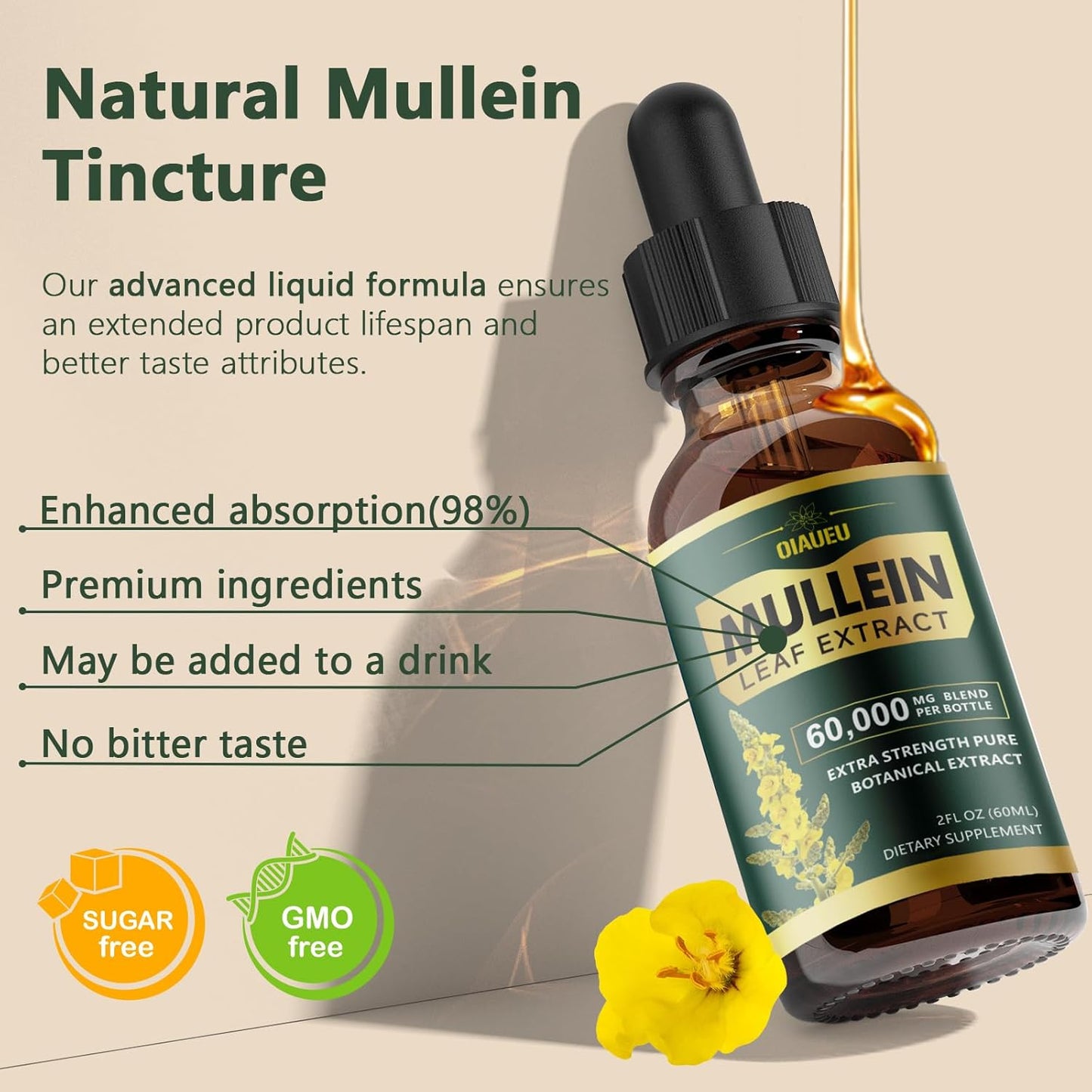Organic Mullein Leaf Tincture for Lung Cleanse & Respiratory Health - 2 fl oz Vegan Liquid Extract for Lung Detox - Natural Supplement