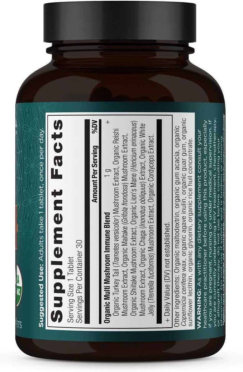 Organic Multi Mushroom Immune Support Supplement for Stress Response, 30 Count Tablet - Gluten Free, Paleo & Keto Friendly