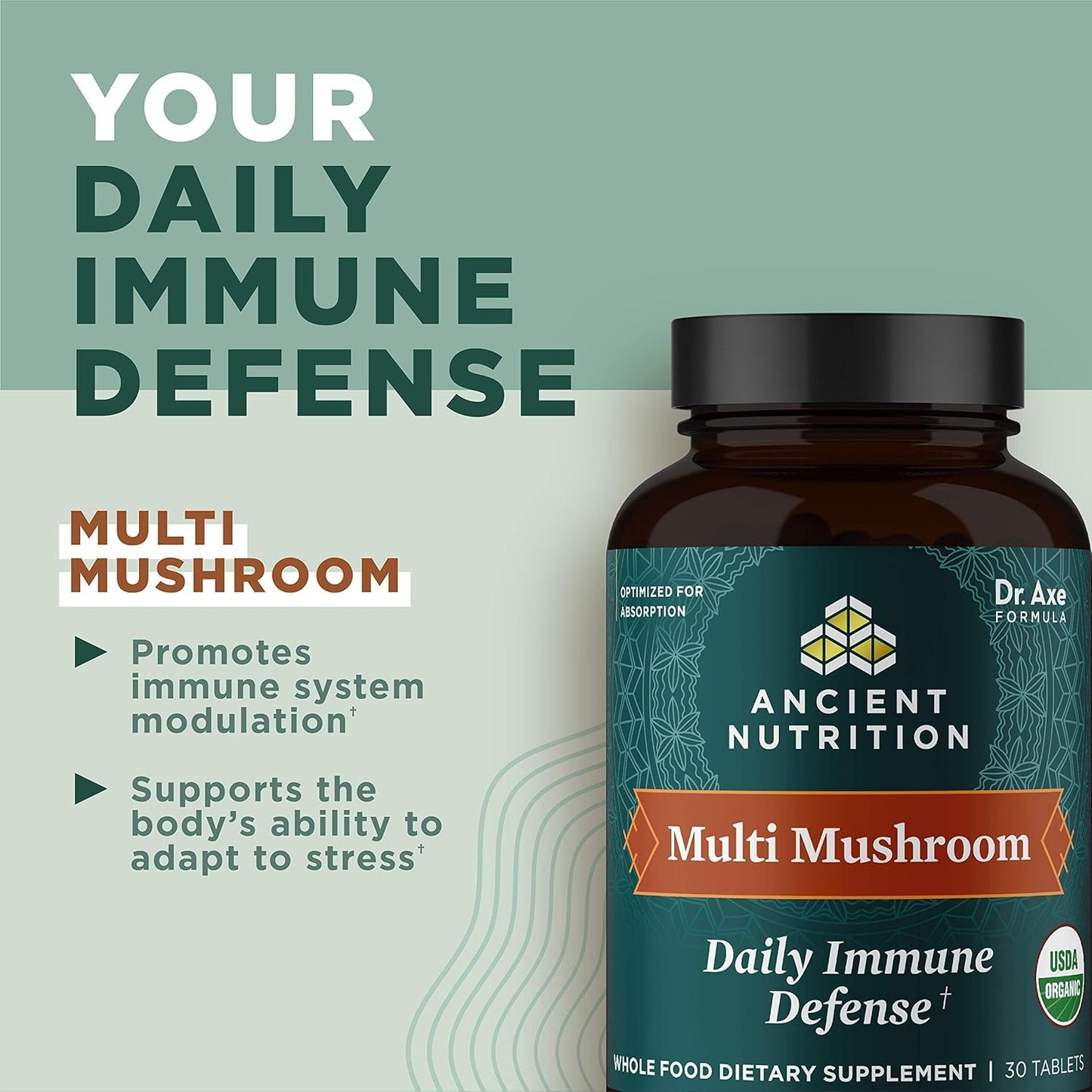 Organic Multi Mushroom Immune Support Supplement, Stress Response, Gluten Free, Paleo & Keto Friendly - 60 Count