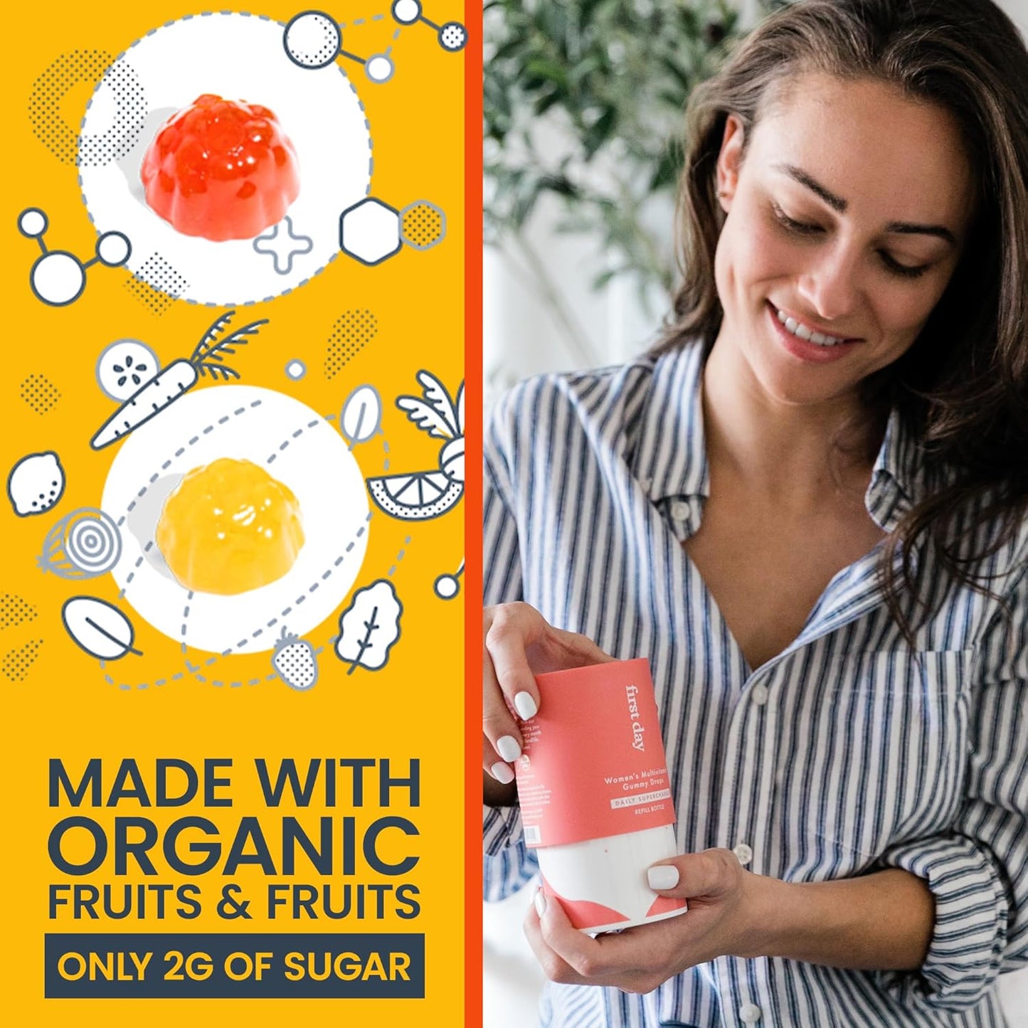 Organic Multivitamin Gummies Bundle for Women & Kids - Includes Vitamins A, B, C, D & K + Folate, Magnesium, Zinc, Biotin - Made with Organic Fruits & Veggies - Low Sugar - 2-Pack, 30 Day Supply