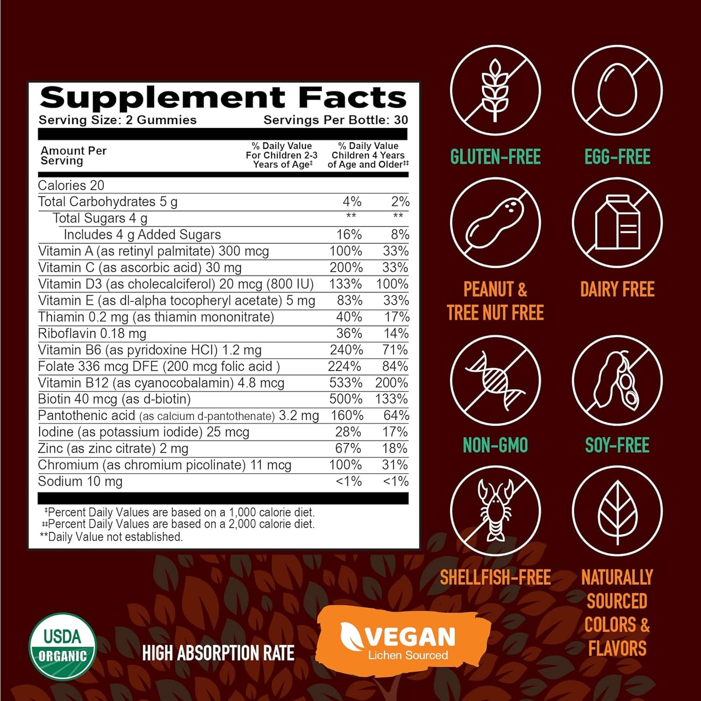 Organic Multivitamin Gummies for Kids with Immune Support - 60 Count