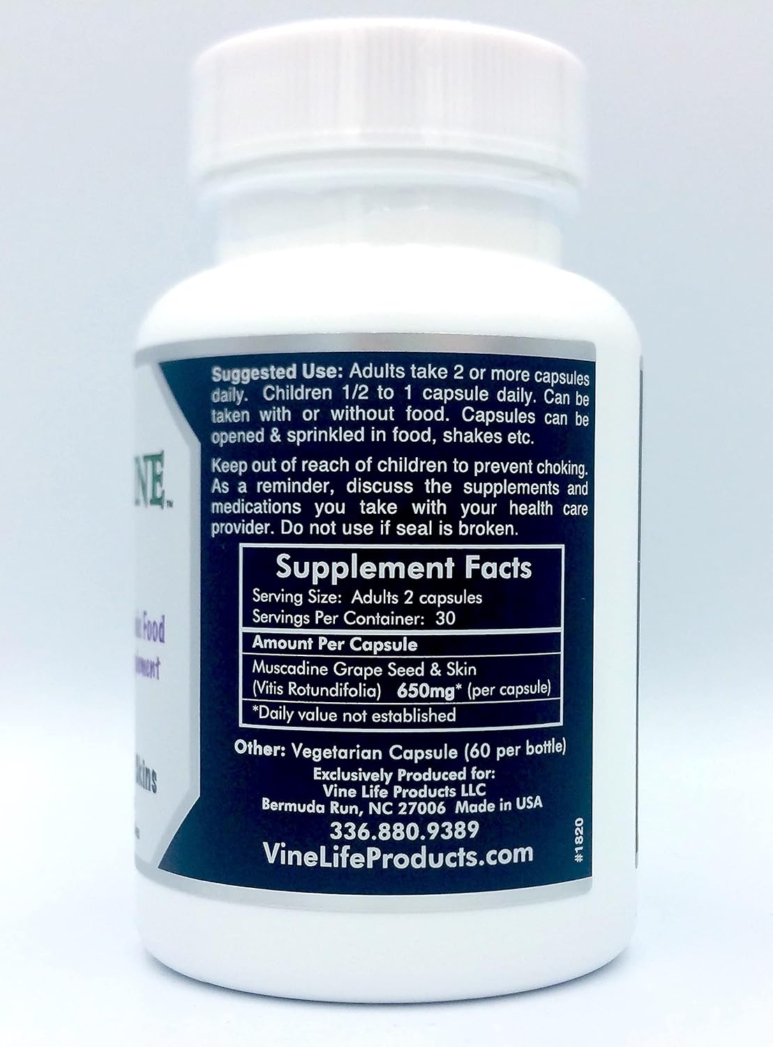 Organic Muscadine Grape Seed & Skin Capsules - 60 Count - High Antioxidant Superfood - 1300mg Per Serving - Resveratrol Supplement