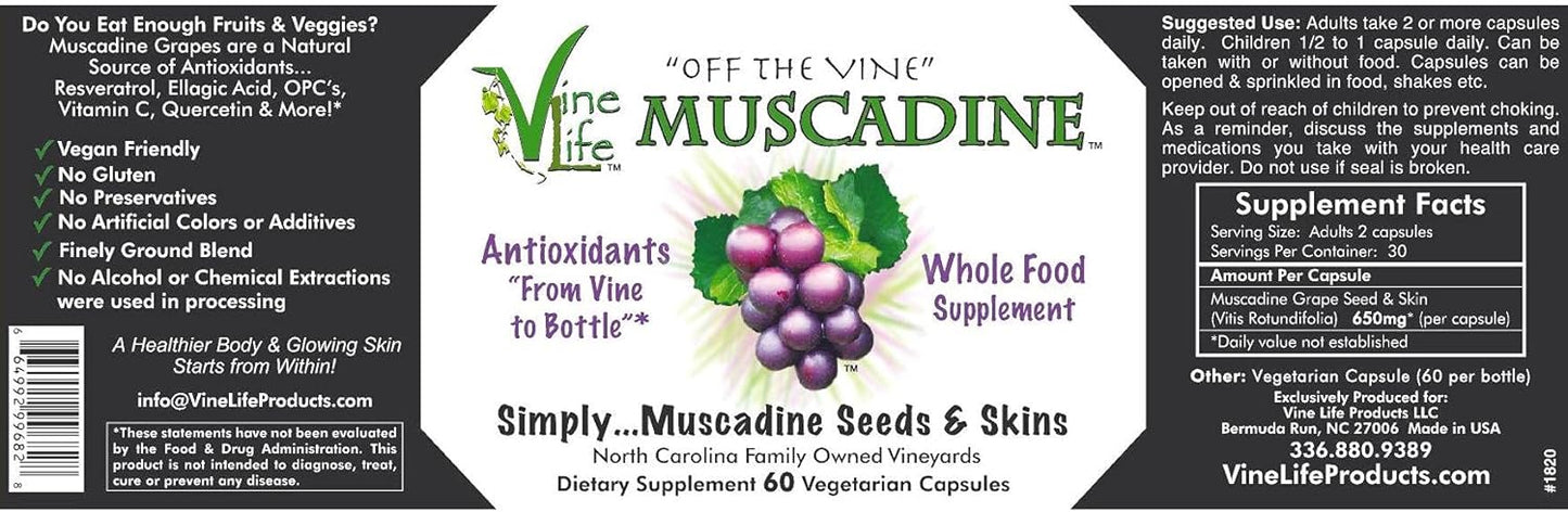 Organic Muscadine Grape Seed & Skin Capsules - 60 Count - High Antioxidant Superfood - 1300mg Per Serving - Resveratrol Supplement