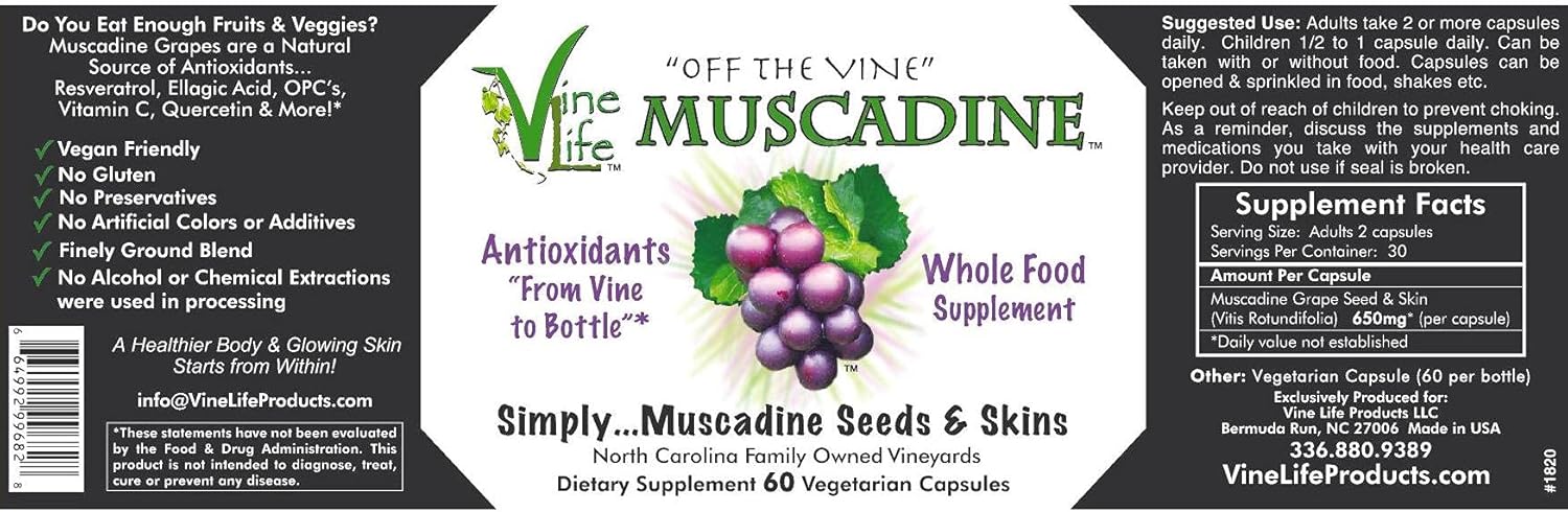 Organic Muscadine Grape Seed & Skin Capsules - 60 Count - High Antioxidant Superfood - 1300mg Per Serving - Resveratrol Supplement