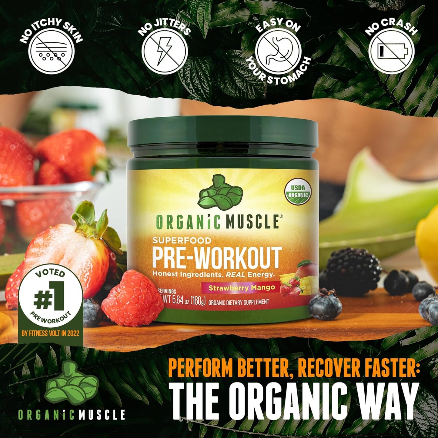 Organic Muscle Strawberry Mango Pre-Workout Powder | Natural Energy Boost | Clean Performance | 20 Superfoods | Low Caffeine | 20 Servings