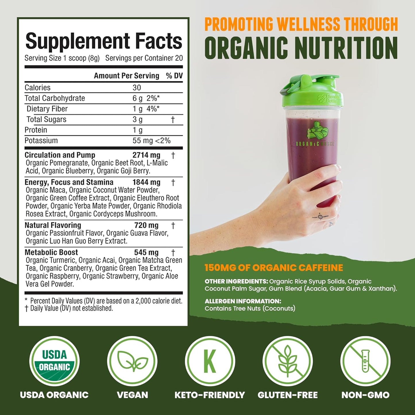 Organic Muscle Strawberry Mango Pre-Workout Powder | Natural Energy Boost | Clean Performance | 20 Superfoods | Low Caffeine | 20 Servings