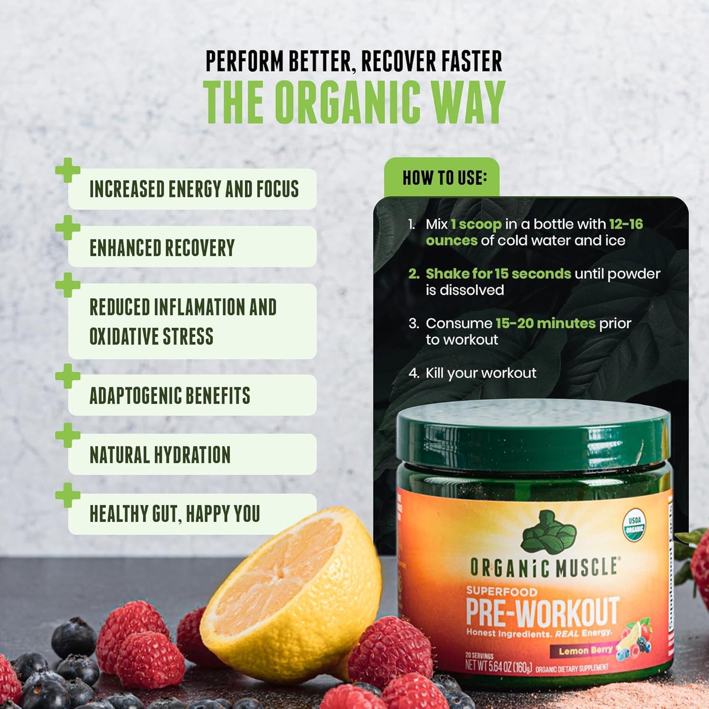 Organic Muscle USDA Organic Pre-Workout Powder, Passionfruit Guava - Clean Energy Boost with Natural Ingredients, No Jitters - 20 Servings