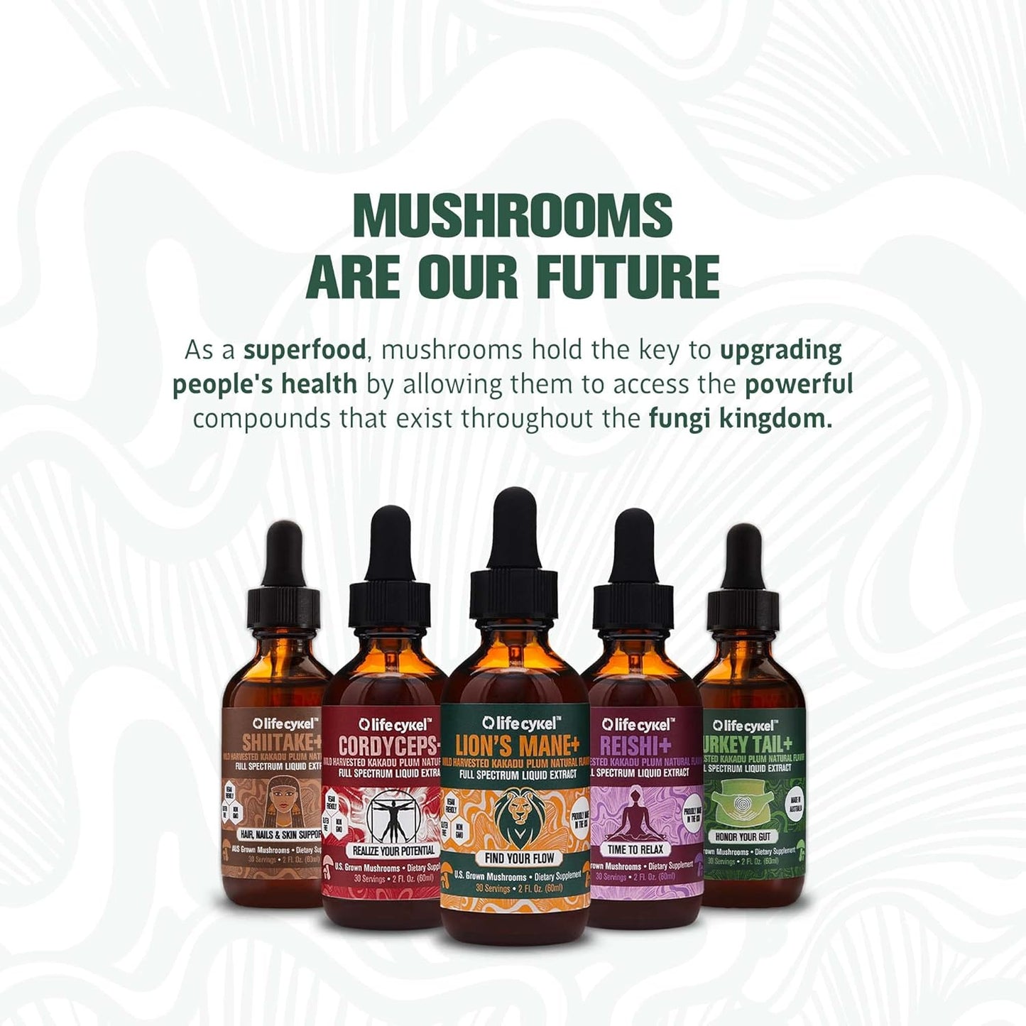 Organic Mushroom AM Bundle for Energy, Immune Support, Hair Skin & Nails - Cordyceps, Turkey Tail, Shiitake with Kakadu Plum - Made in USA - Non-GMO - 3 Pack (2oz each)