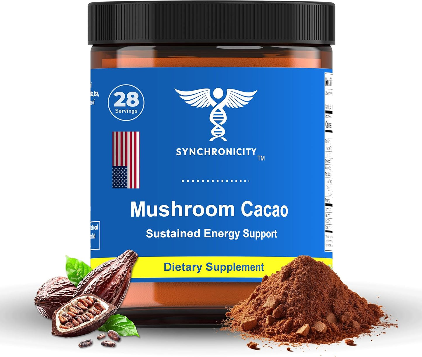 Organic Mushroom Cacao Energy Drink Powder with Adaptogens for Focus & Productivity - Lions Mane, Cordyceps & Cocoa Blend from Yale DRS - Natural Nootropic & Superfood