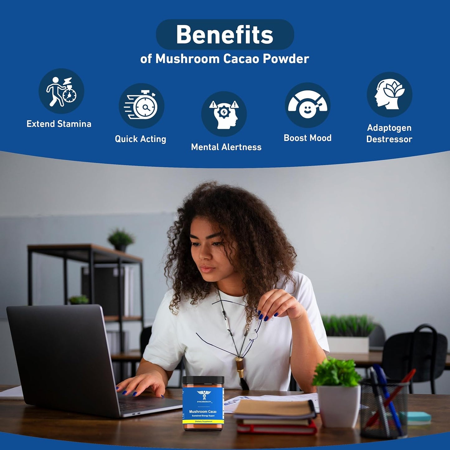 Organic Mushroom Cacao Energy Drink Powder with Adaptogens for Focus & Productivity - Lions Mane, Cordyceps & Cocoa Blend from Yale DRS - Natural Nootropic & Superfood