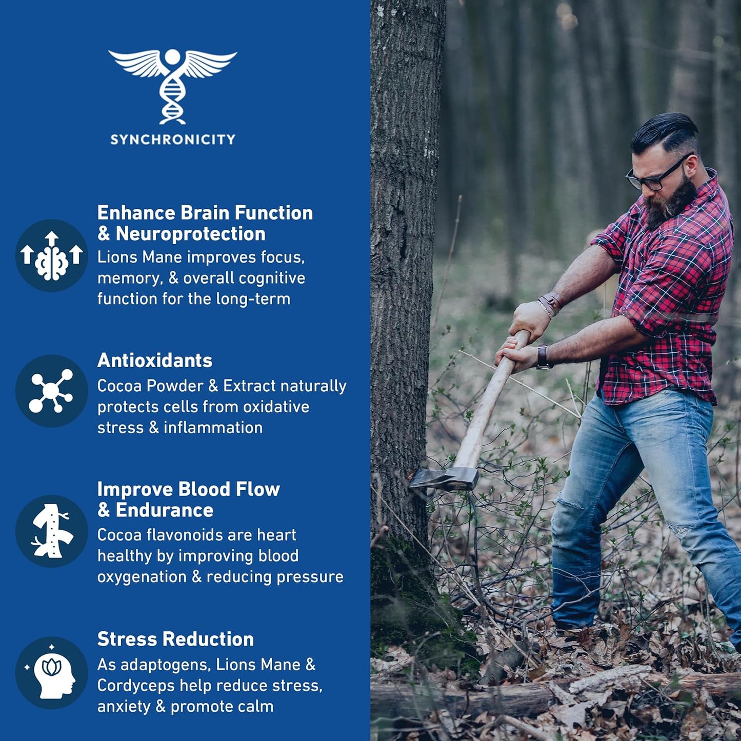 Organic Mushroom Cacao Energy Drink Powder with Adaptogens for Focus & Productivity - Lions Mane, Cordyceps & Cocoa Blend from Yale DRS - Natural Nootropic & Superfood