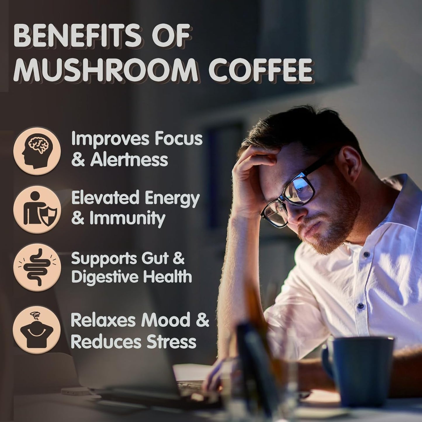 Organic Mushroom Coffee Blend with 6 Adaptogenic Mushrooms for Focus, Energy, Immune Support - 30 Servings