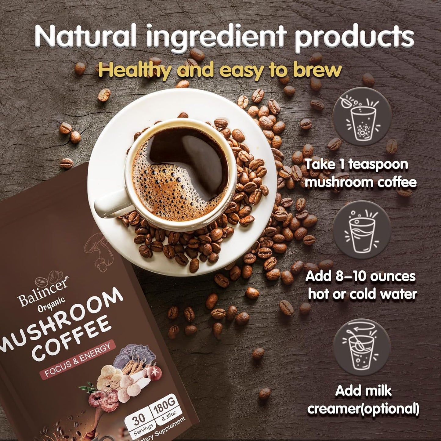 Organic Mushroom Coffee Blend with 6 Adaptogenic Mushrooms for Focus, Energy, Immune Support - 30 Servings