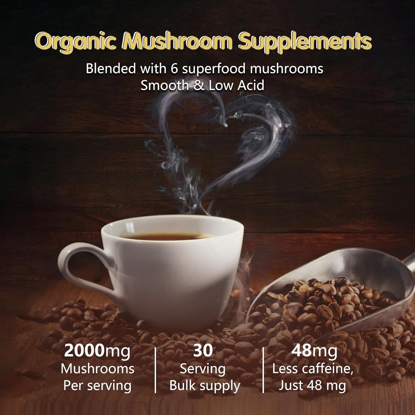 Organic Mushroom Coffee Blend with 6 Adaptogenic Mushrooms for Focus, Energy, Immune Support - 30 Servings