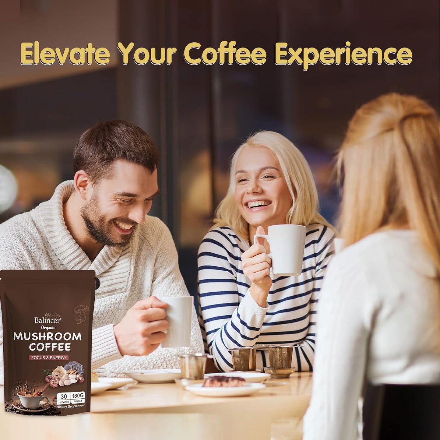 Organic Mushroom Coffee Blend with 6 Adaptogenic Mushrooms for Focus, Energy, Immune Support - 30 Servings