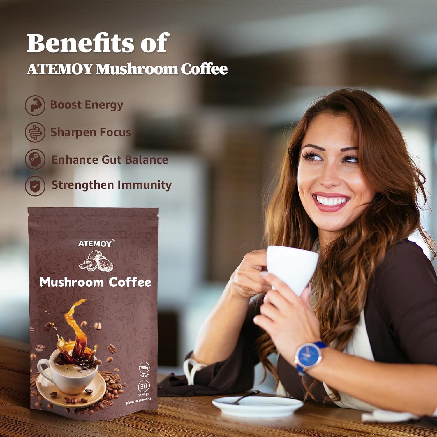 Organic Mushroom Coffee Blend with 6 Mushroom Varieties for Energy and Focus - 30 Servings