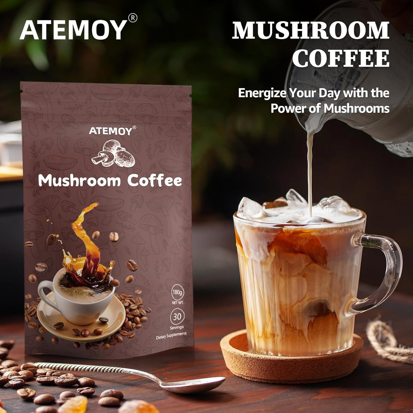 Organic Mushroom Coffee Blend with 6 Mushroom Varieties for Energy and Focus - 30 Servings