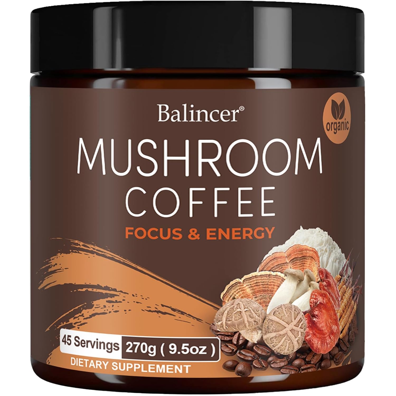 Organic Mushroom Coffee Blend with Lion's Mane, Cordyceps, Turkey Tail - 45 Servings for Focus, Energy, Immune & Digestion Support