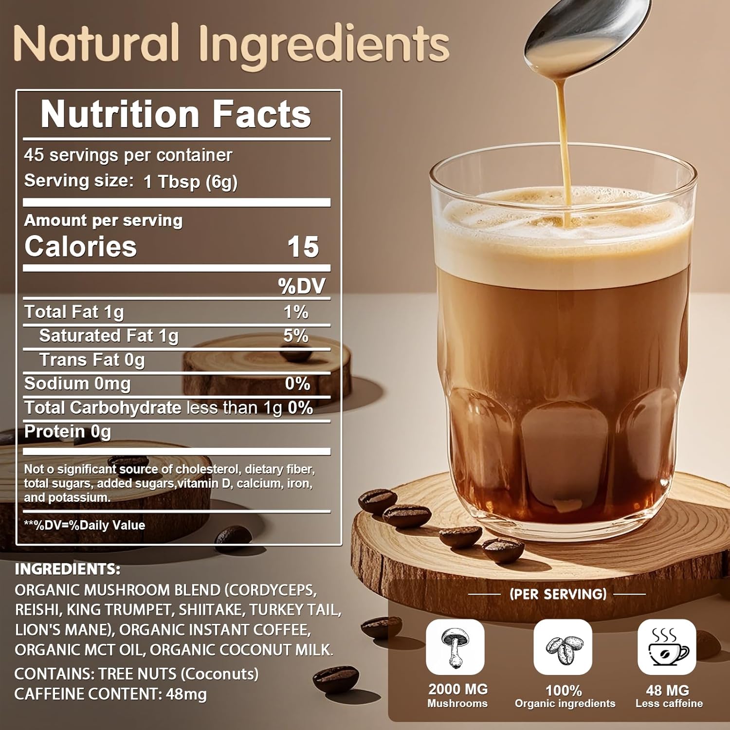 Organic Mushroom Coffee Blend with Lion's Mane, Cordyceps, Turkey Tail - 45 Servings for Focus, Energy, Immune & Digestion Support