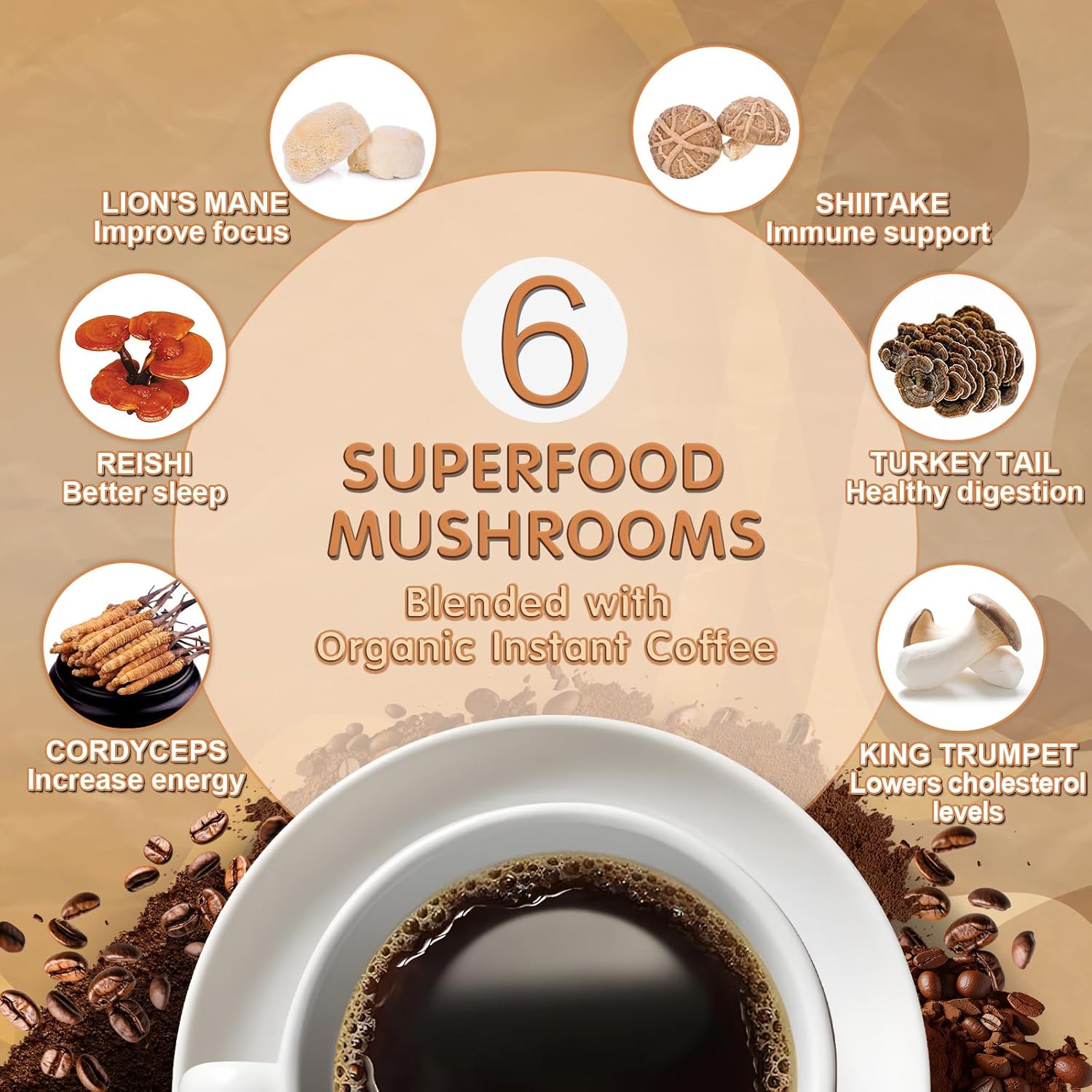 Organic Mushroom Coffee Blend with Lion's Mane, Cordyceps, Turkey Tail - 45 Servings for Focus, Energy, Immune & Digestion Support