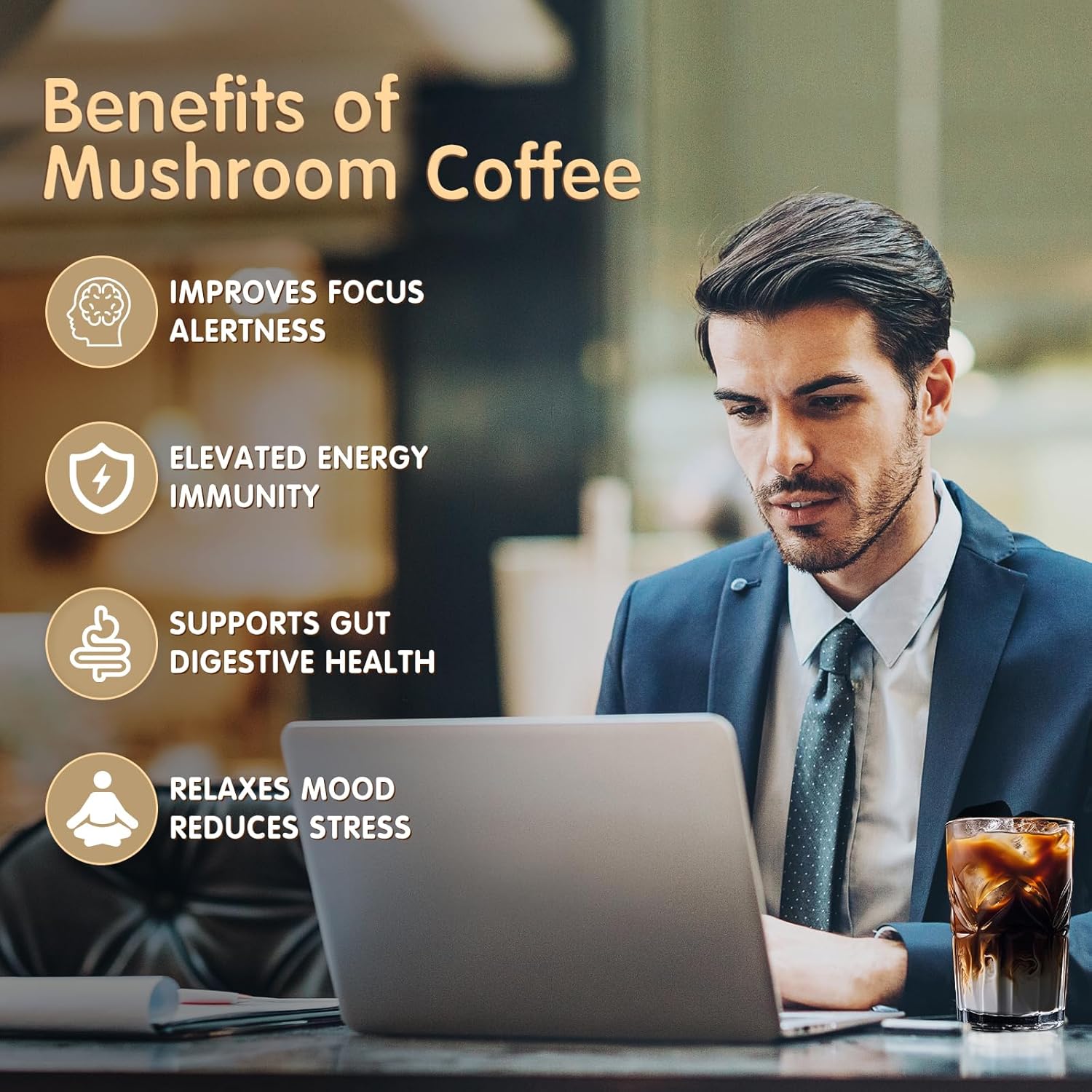 Organic Mushroom Coffee Blend with Lion's Mane, Cordyceps, Turkey Tail - 45 Servings for Focus, Energy, Immune & Digestion Support