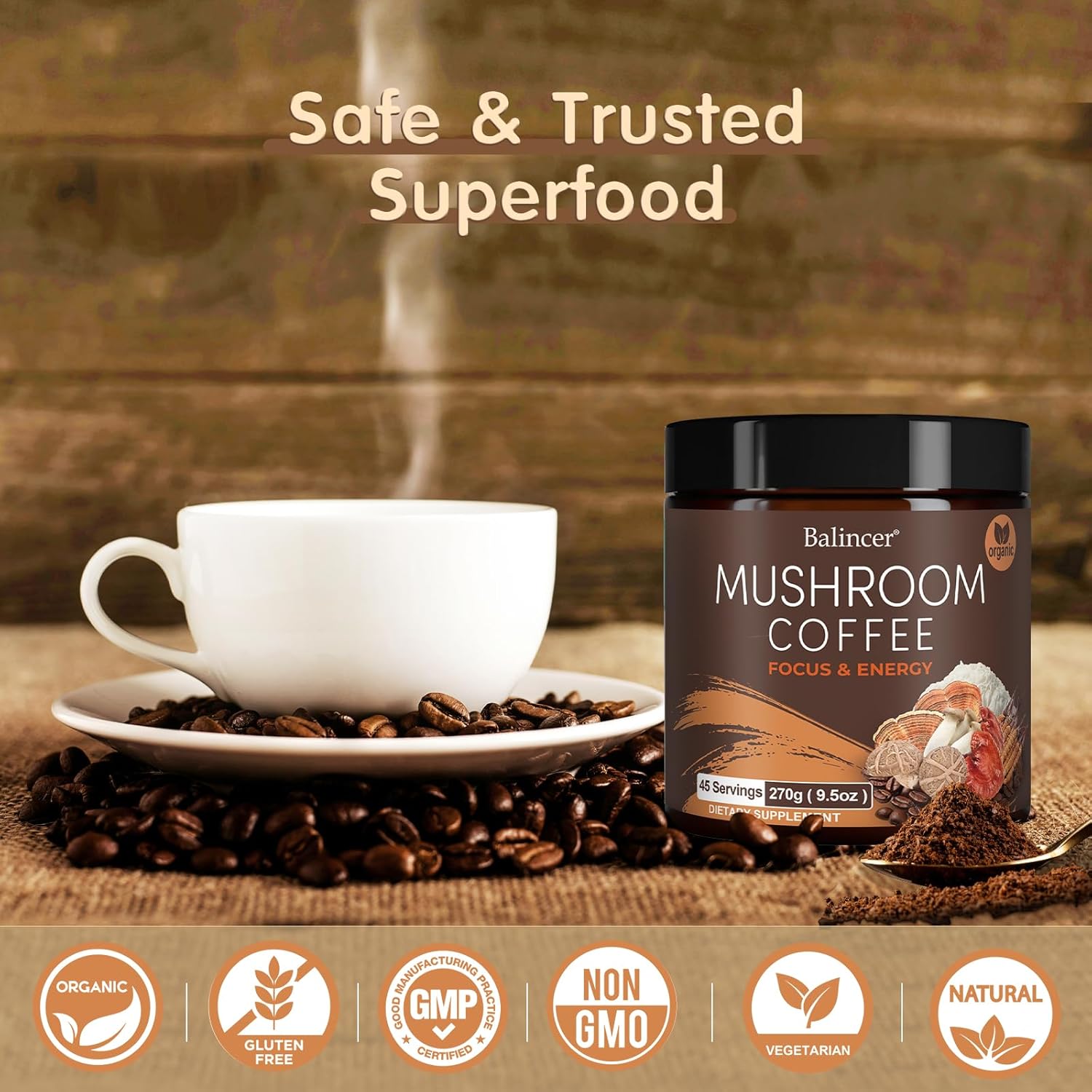 Organic Mushroom Coffee Blend with Lion's Mane, Cordyceps, Turkey Tail - 45 Servings for Focus, Energy, Immune & Digestion Support