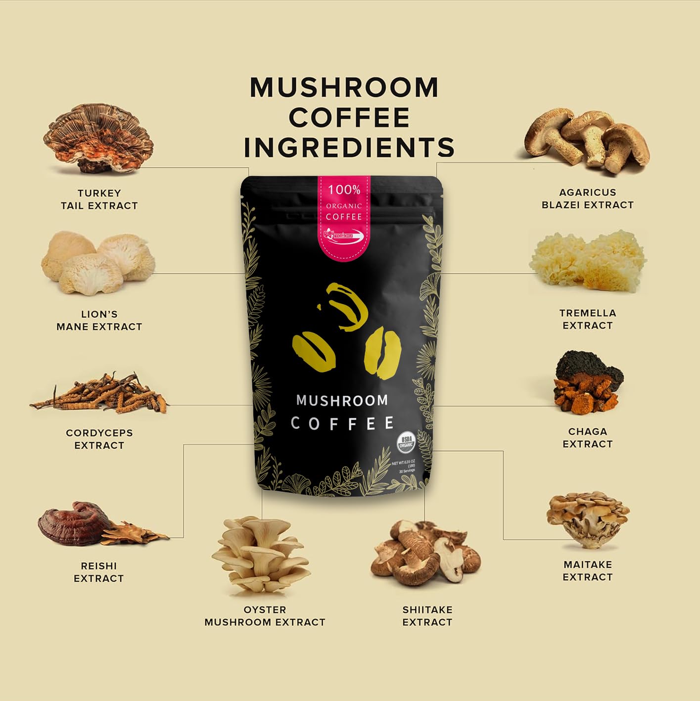 Organic Mushroom Coffee Powder with Cordyceps, Lion's Mane, Turkey Tail - Boost Immunity, Focus, Energy - Silky Texture - 30 Servings