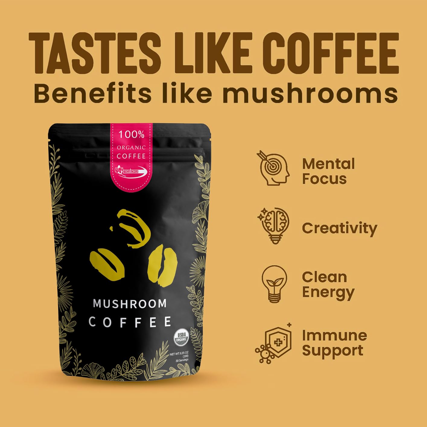 Organic Mushroom Coffee Powder with Cordyceps, Lion's Mane, Turkey Tail - Boost Immunity, Focus, Energy - Silky Texture - 30 Servings