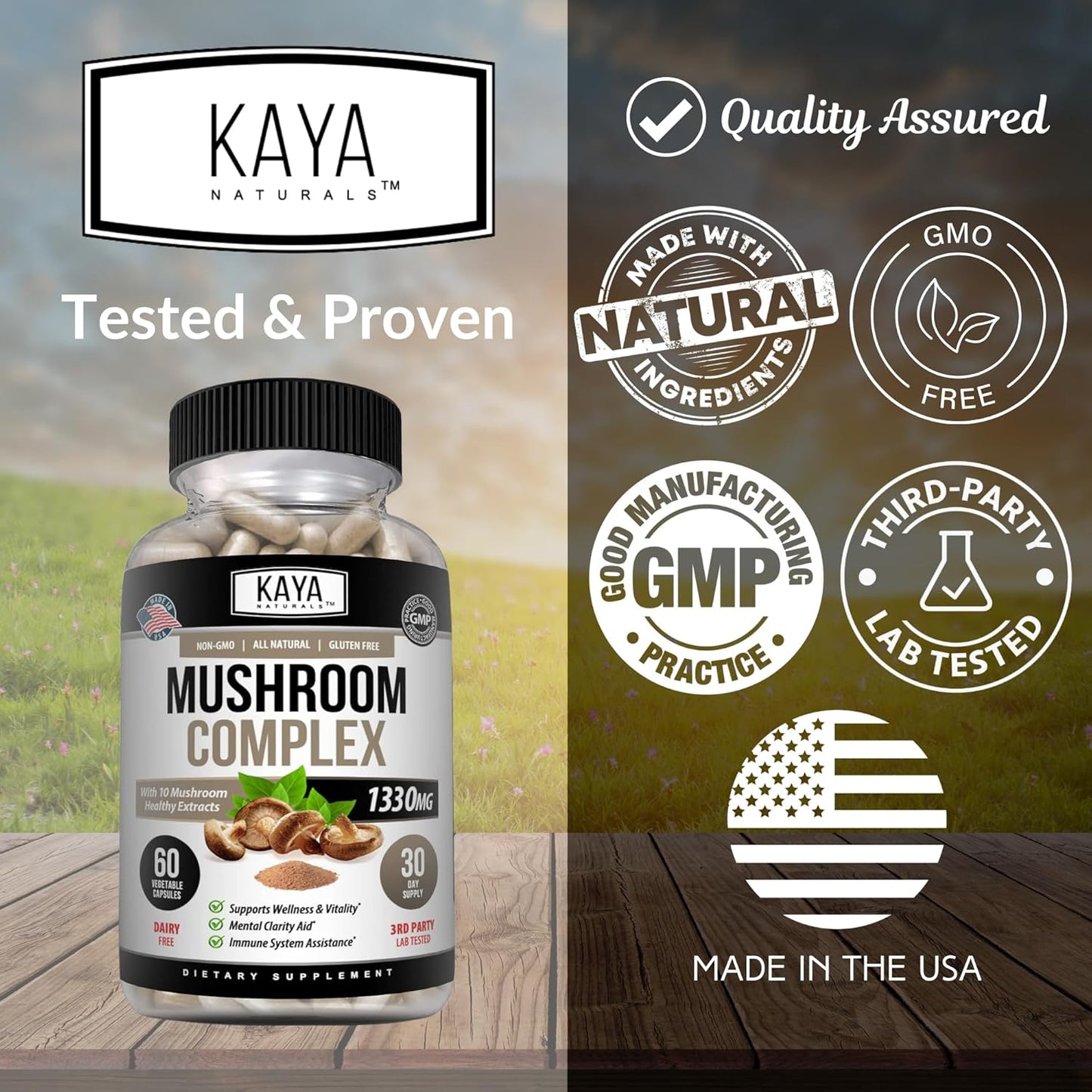 Organic Mushroom Complex Capsules 1330mg - Boost Mental Clarity, Immune System & Wellness | Kaya Naturals 60 Count
