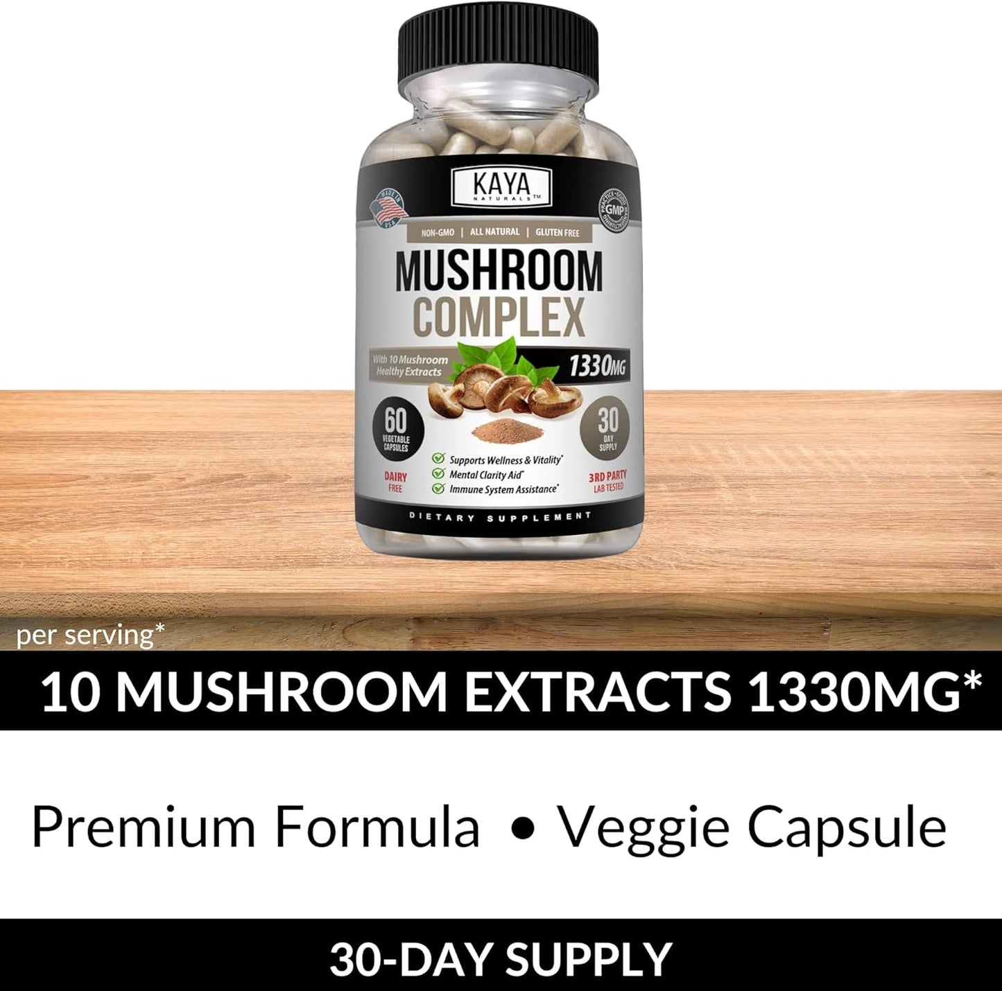 Organic Mushroom Complex Capsules 1330mg - Boost Mental Clarity, Immune System & Wellness | Kaya Naturals 60 Count
