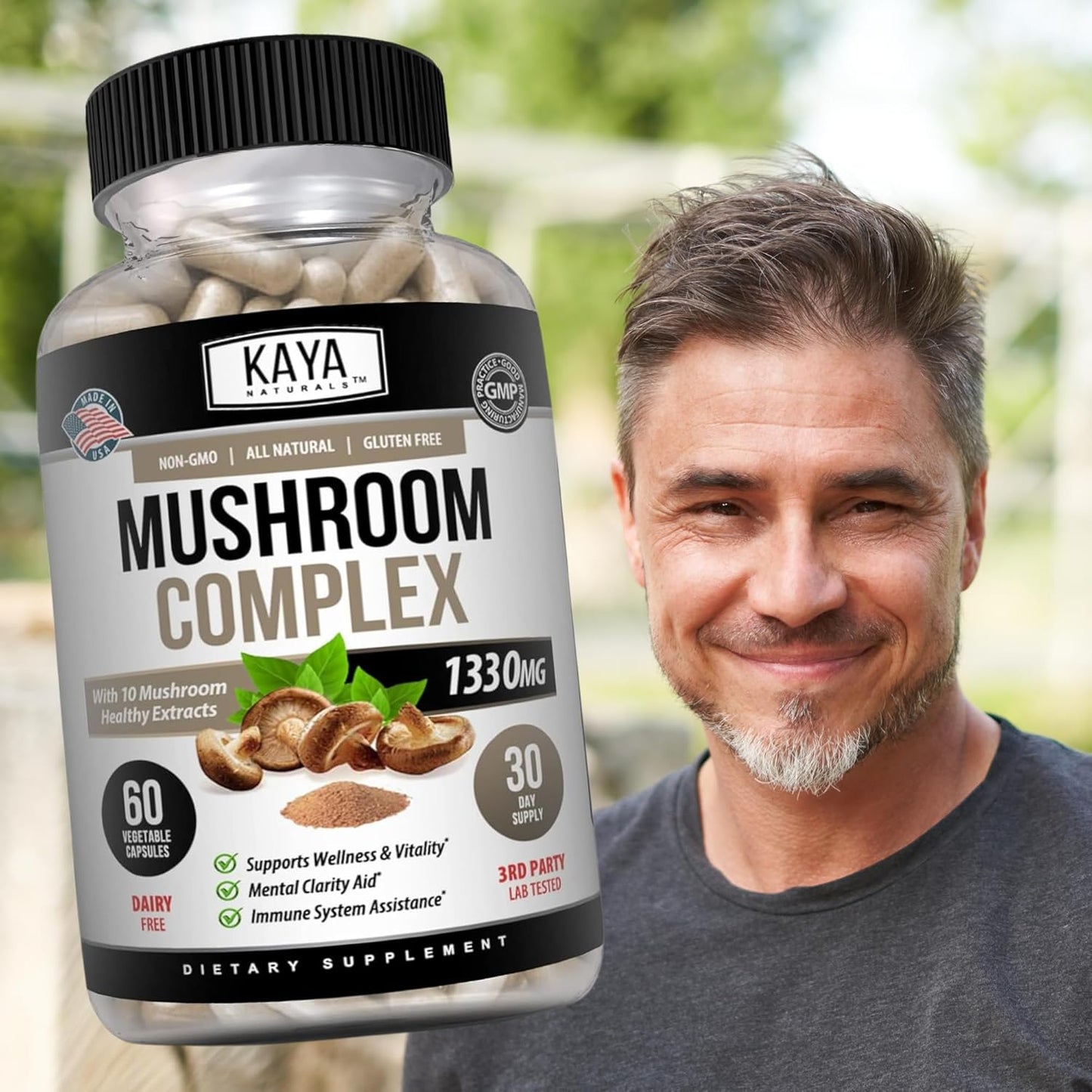 Organic Mushroom Complex Capsules 1330mg - Boost Mental Clarity, Immune System & Wellness | Kaya Naturals 60 Count