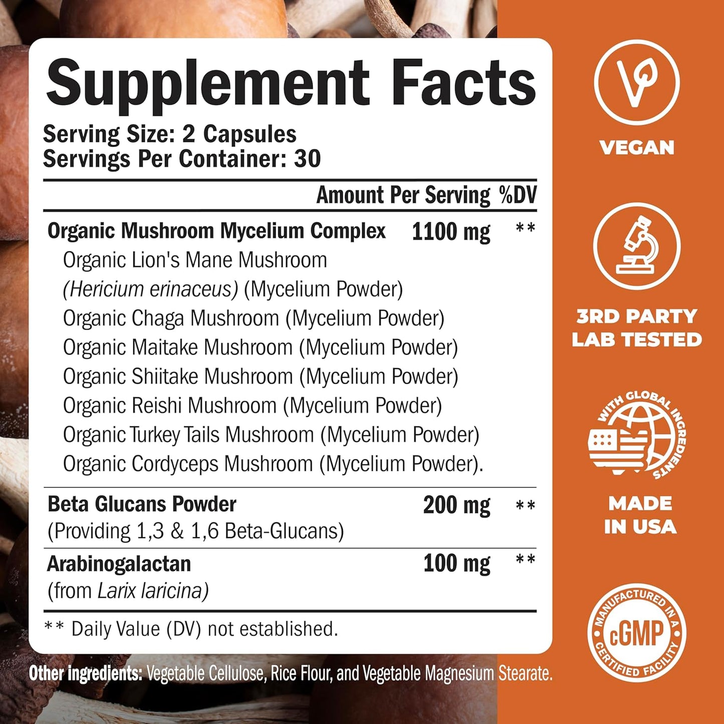 Organic Mushroom Complex Capsules for Memory, Focus & Immune Support - Lions Mane, Reishi, Cordyceps, Chaga, Turkey Tail - 60 Capsules