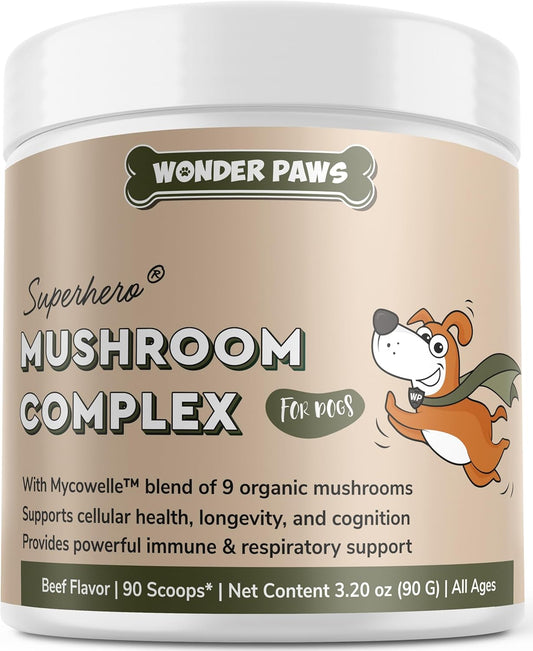 Organic Mushroom Complex Powder for Dogs - Immune Support, Cognition, Cellular Health - Turkey Tail, Reishi, Lions Mane - 90 Scoops